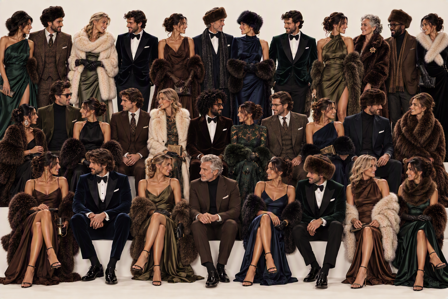 Attire inspiration: guests in elegant winter evening wear — gowns and tuxedos in forest and olive greens, chocolate and cognac browns, navy and black — with fur coats and collars