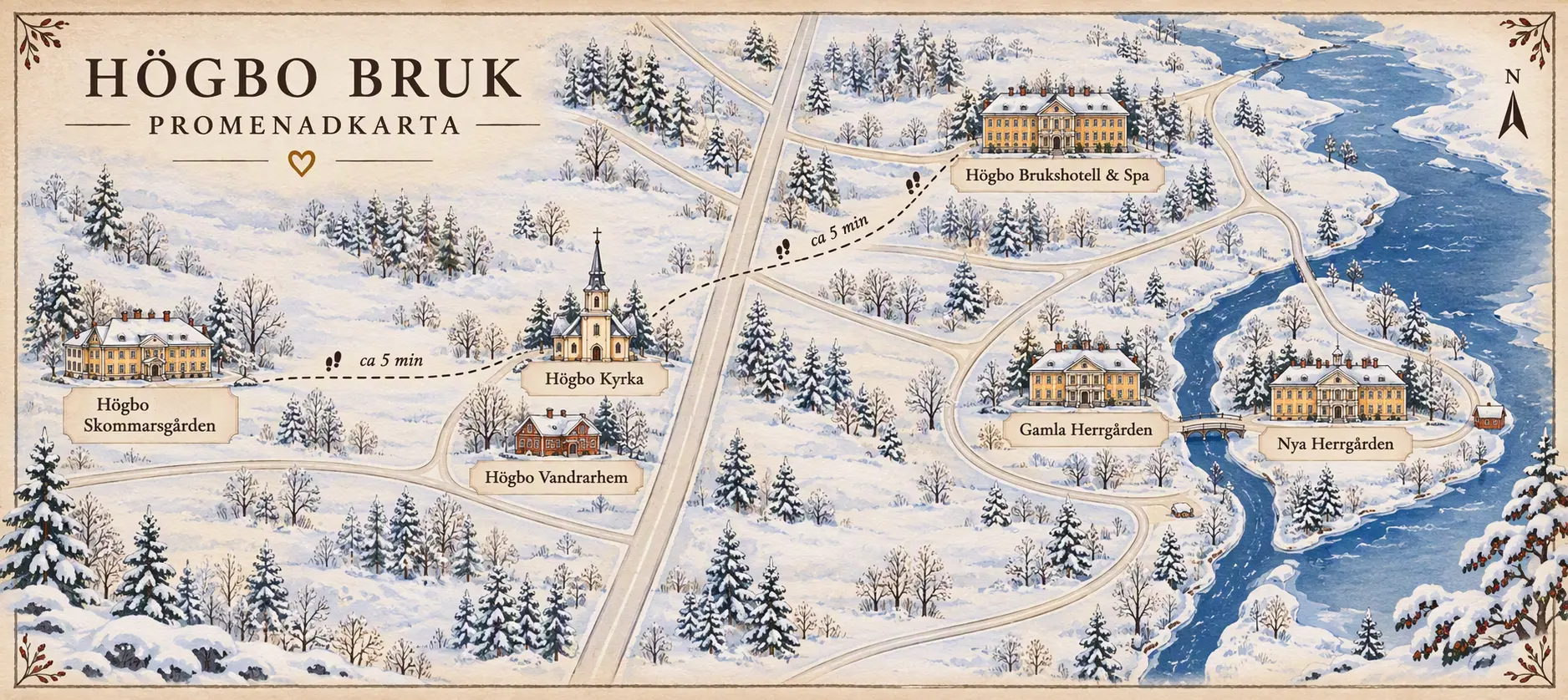 Illustrated walking map of Högbo Bruk: Högbo Kyrka at the centre, Högbo Skommarsgården about five minutes away on foot, Högbo Brukshotell & Spa five minutes from the church, Högbo Vandrarhem next to the church, and Gamla and Nya Herrgården by the river